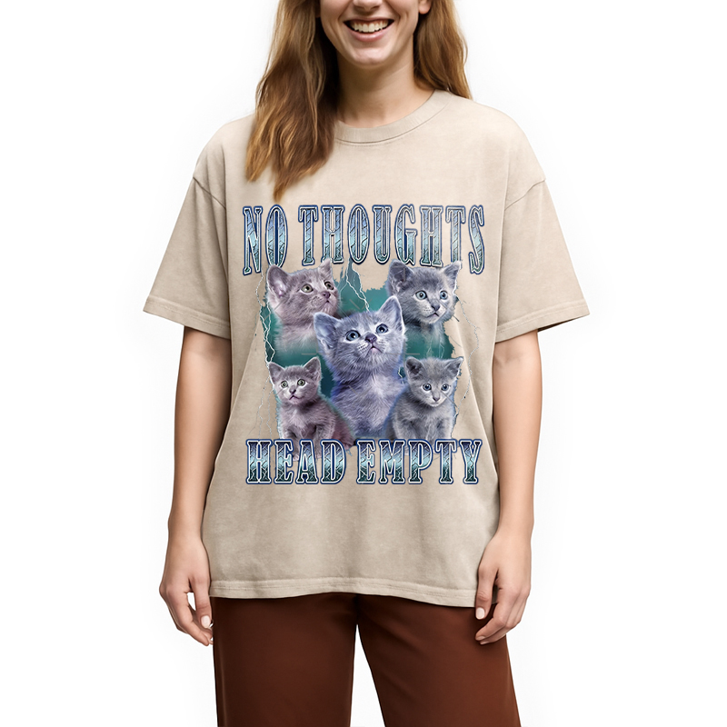 Modecanvas No Toughts Head Empty Funny Cat Meme DTG Printing Washed T-Shirt