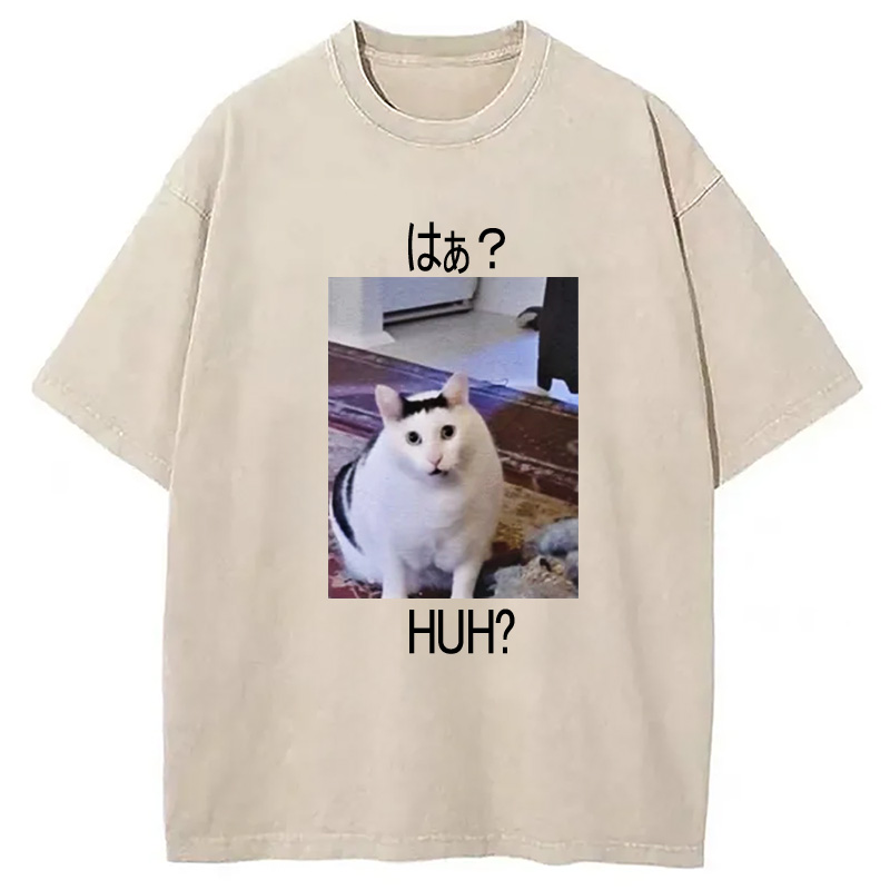 Modecanvas Huh? Funny Cat Meme Washed T-Shirt-modecanvas