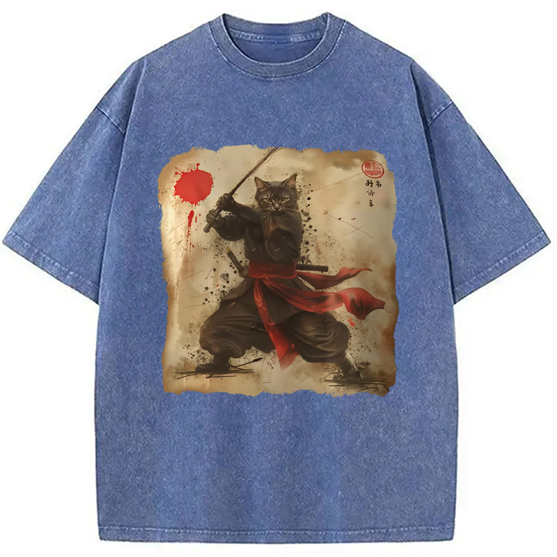 Modecanvas Vintage Samurai Cat Washed T-Shirt