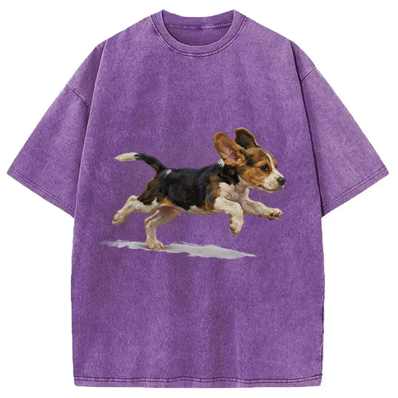Modecanvas Funny Cute Running Beagle Puppy DTG Printing Washed T-Shirt