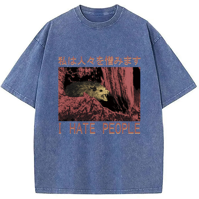 Modecanvas I Hate People Opossum DTG Printing Washed T-Shirt-modecanvas