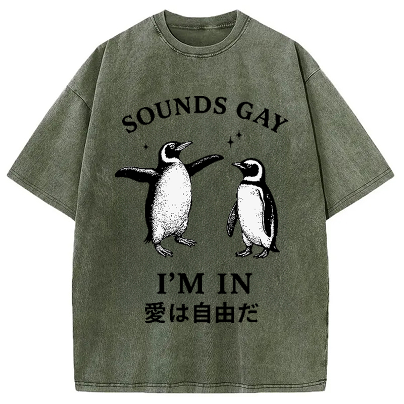 Modecanvas Loving And Free Penguins Washed T-Shirt