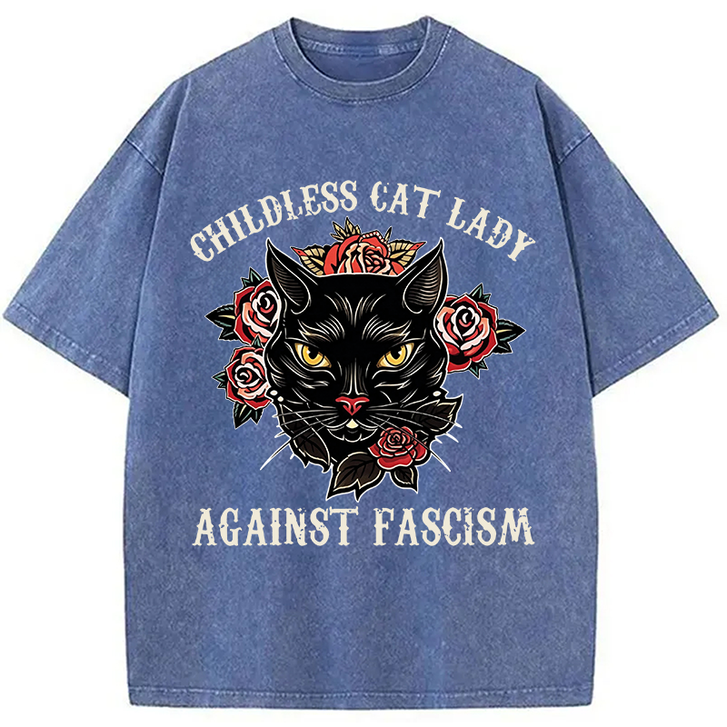 Modecanvas Childless Cat Lady Against Fascism Funny Cat Meme DTG Printing Washed T-Shirt