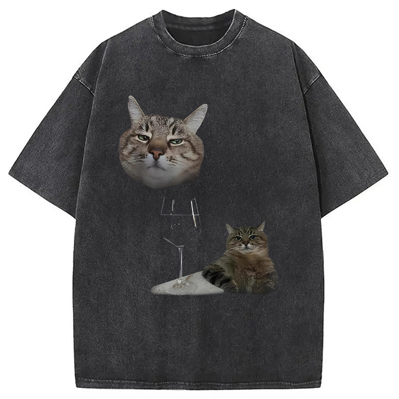 Modecanvas Funny Cat And Wine Art Cats Drinking Washed T-Shirt
