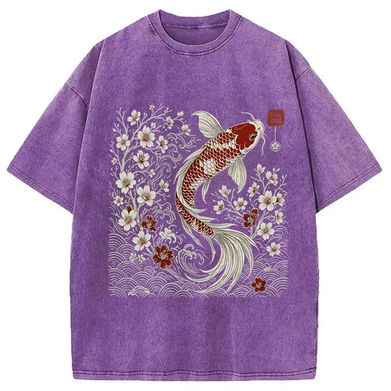 Modecanvas Vintage Sakura And Koi Washed T-Shirt-modecanvas