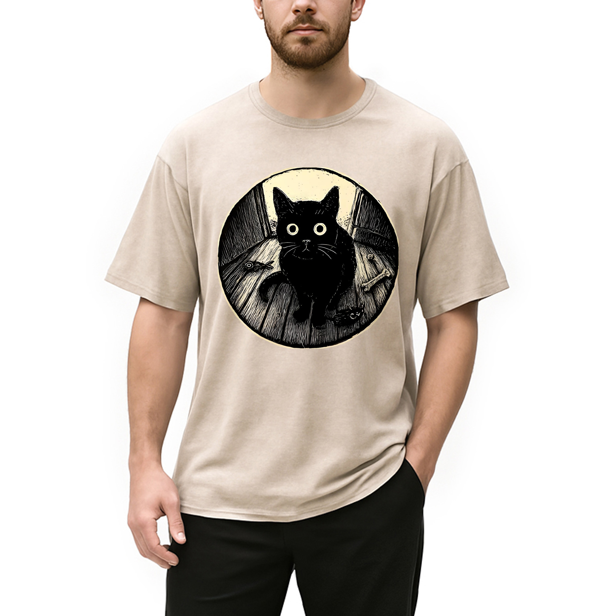 Modecanvas Waiting Black Cat Washed T-Shirt