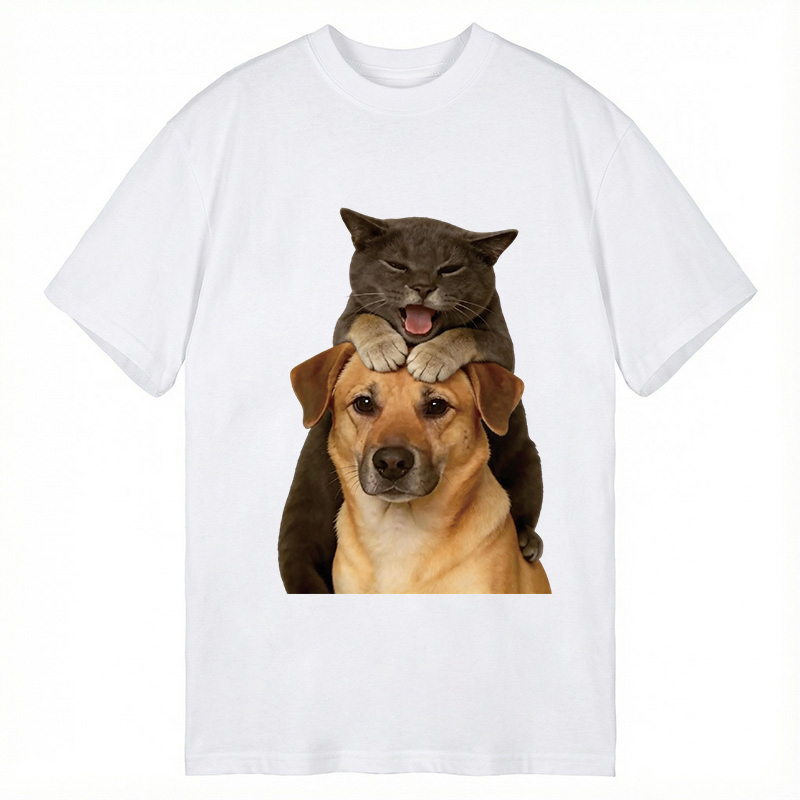 Modecanvas Funny Cute Fighting Dog And Cat DTG Printing Classic T-Shirt-modecanvas