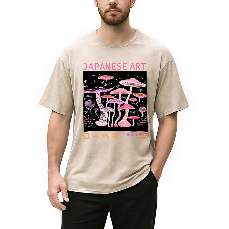 Modecanvas Japanese Art Pink Hallucinogenic Mushrooms Washed T-Shirt