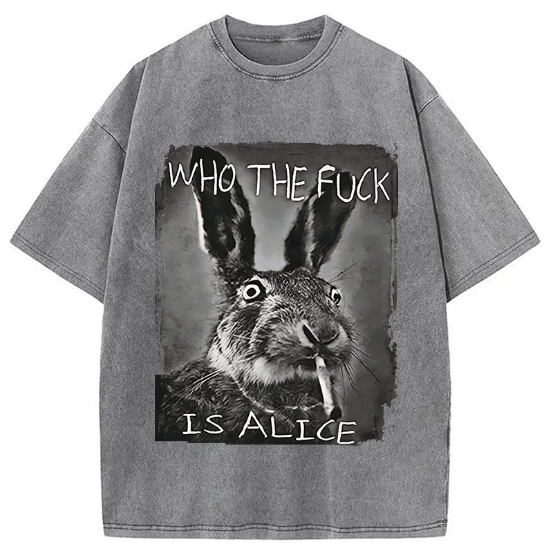 Modecanvas Who The F*ck Is Alice Rabbit Funny DTG Printing Washed T-Shirt-modecanvas