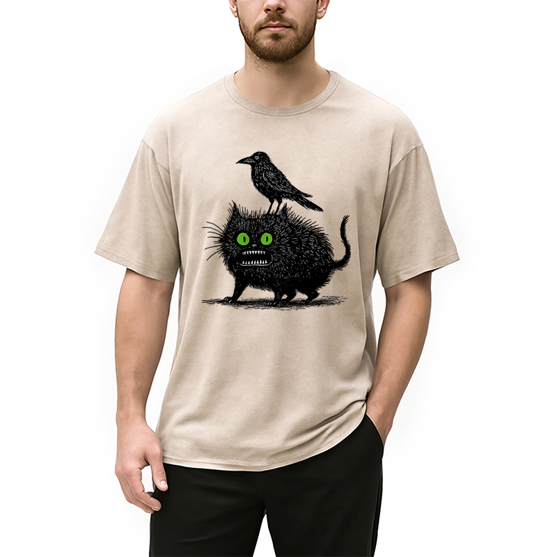 Modecanvas Crow And Black Cat Washed T-Shirt
