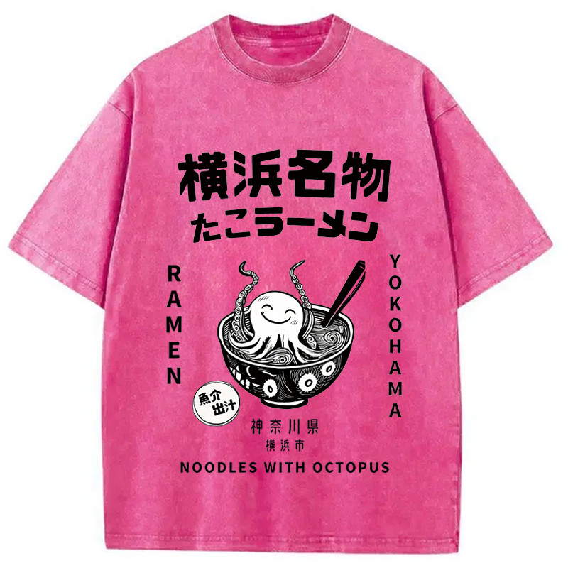 Modecanvas Japanese Kanji Art Octopus Ramen DTG Printing Washed T-Shirt