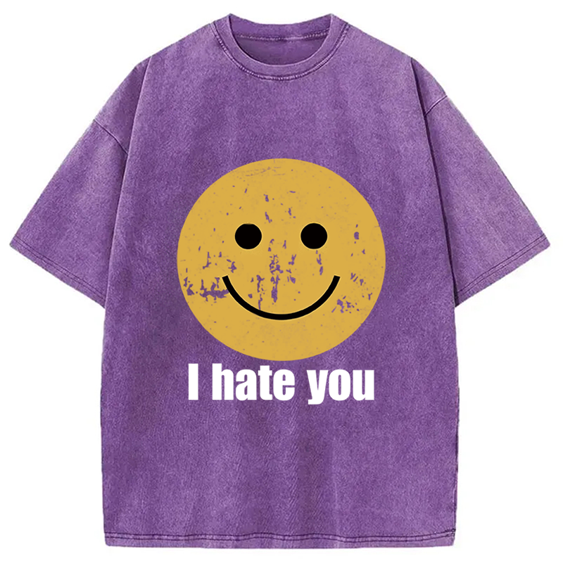 Modecanvas I Hate You Smiley Face Washed T-Shirt-modecanvas