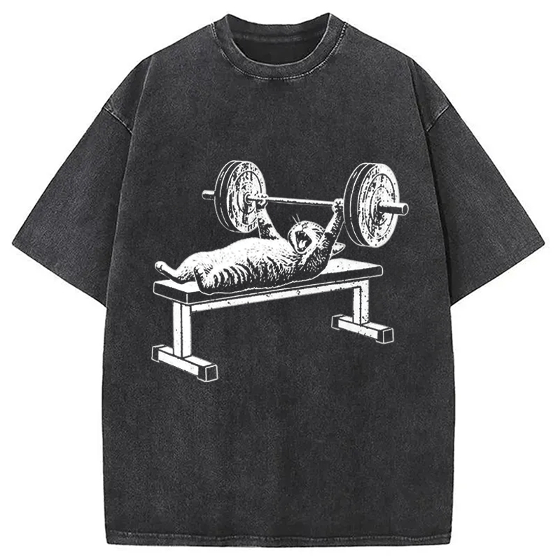 Modecanvas Funny Cat Gym DTG Printing Washed T-Shirt