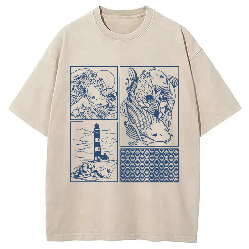 Modecanvas Vintage Minimalist Marine Life Japan Washed T-Shirt