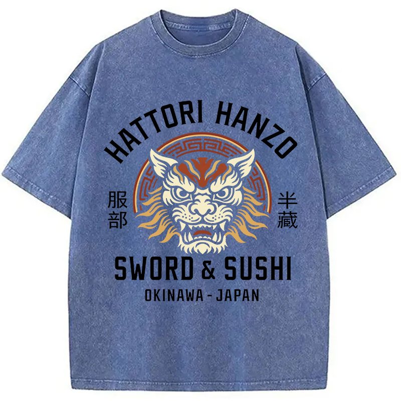 Modecanvas Hattori Lion Japanese Samurai DTG Printing Washed T-Shirt