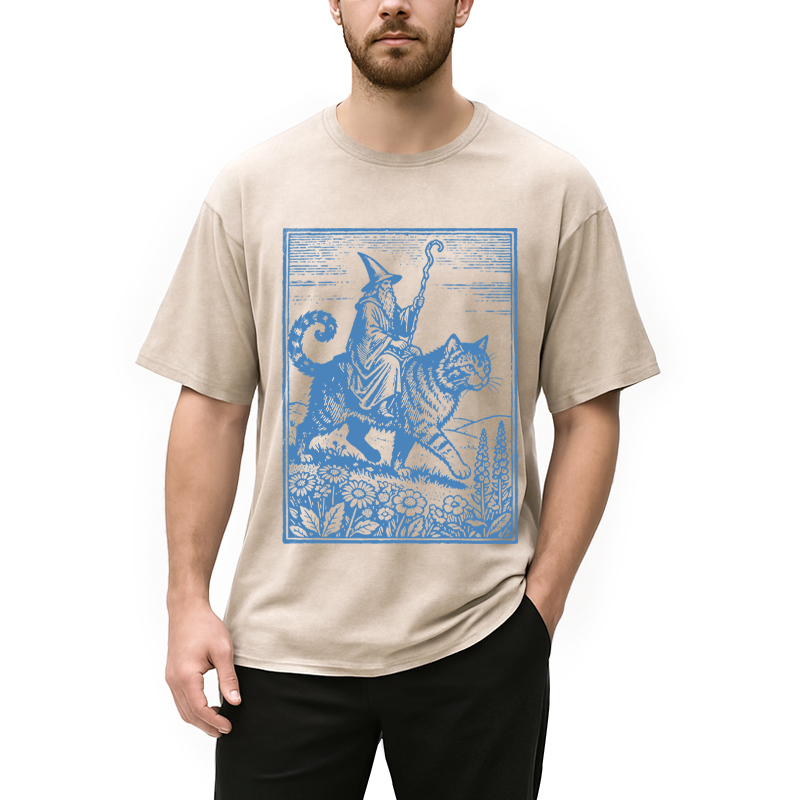 Modecanvas Wizard Cat Rider Vintage DTG Printing Washed T-Shirt