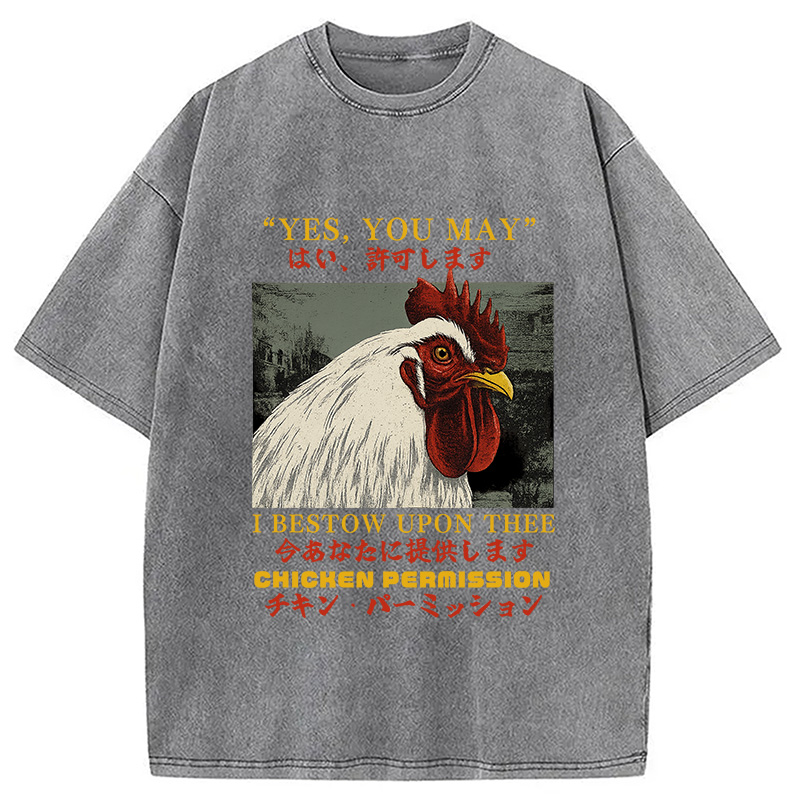 Modecanvas Chicken Permission Vintage DTG Printing Washed T-Shirt-modecanvas