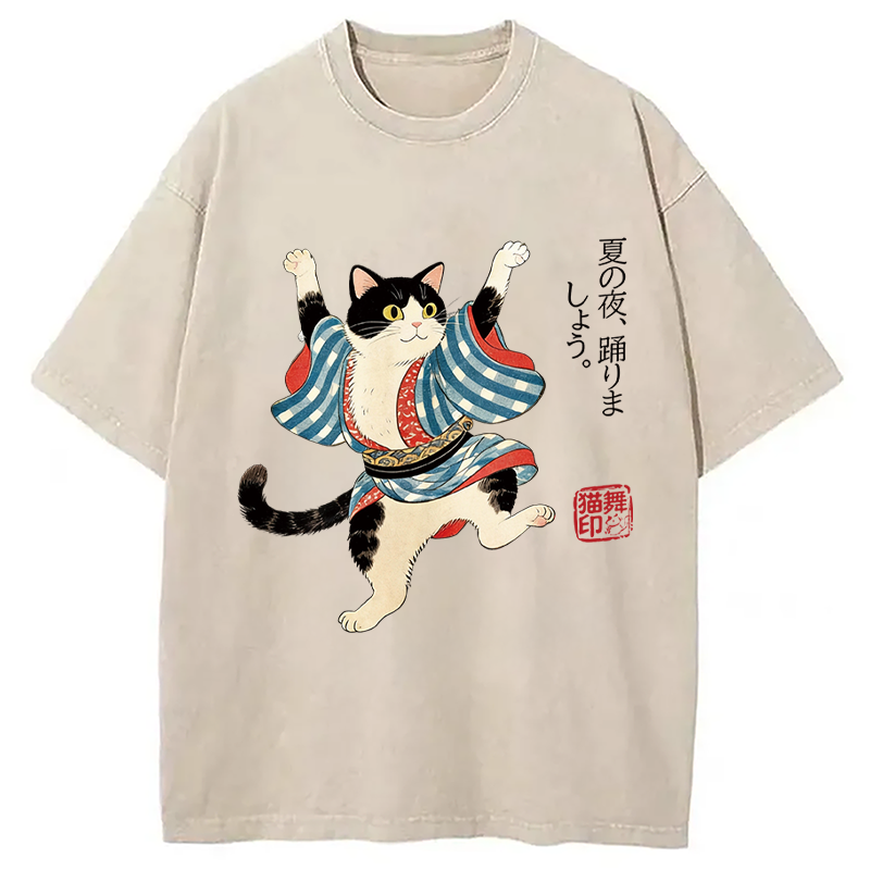 Modecanvas Bon Odori Dancing Cat DTG Printing Washed T-Shirt-modecanvas