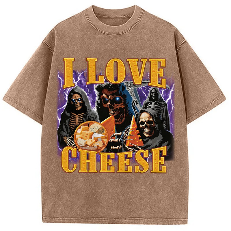 Modecanvas I Love Cheese Funny Skeleton Meme DTG Printing Washed T-Shirt