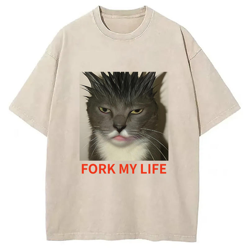 Modecanvas Gray Cat Fork My Life Washed T-Shirt