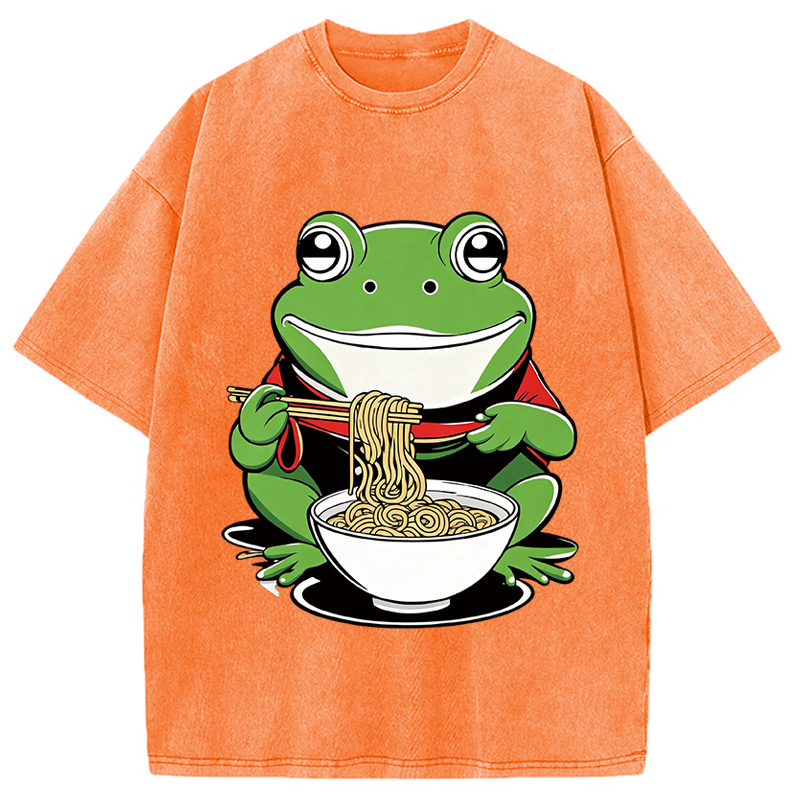 Modecanvas Cute Frog Eating Ramen DTG Printing Washed T-Shirt