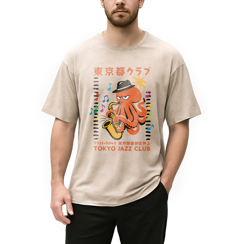 Modecanvas Japanese Octopus In Band DTG Printing Washed T-Shirt