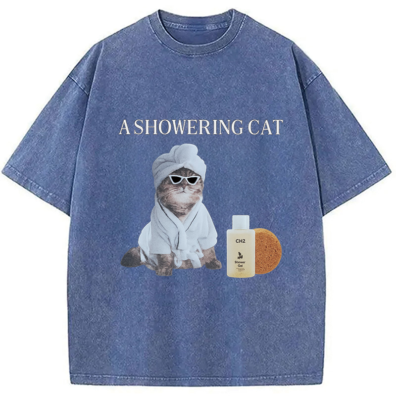 Modecanvas A Showering Cat Washed T-Shirt