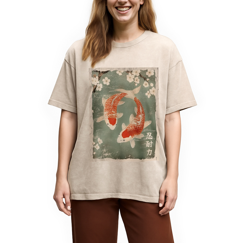 Modecanvas Koi fish and Cherry Blossom Washed T-Shirt