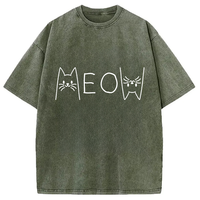 Modecanvas Meow Cat Meme DTG Printing Washed T-Shirt