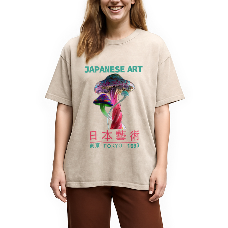 Modecanvas Psychedelic Mushrooms Japanese Art Washed T-Shirt