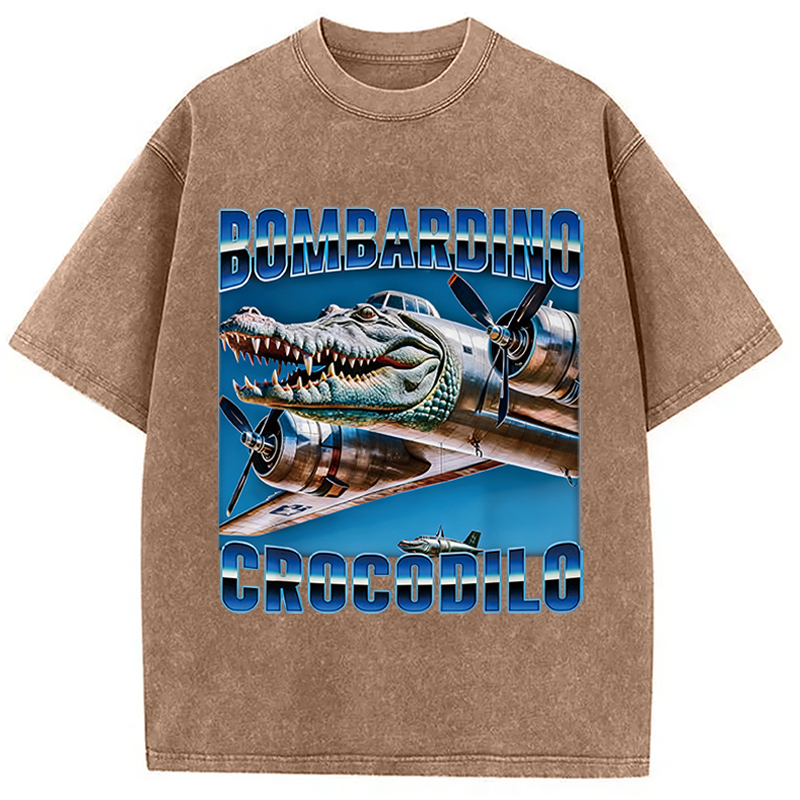 Modecanvas Bombardino Crocodilo Italian Brainrot Meme DTG Printing Washed T-Shirt