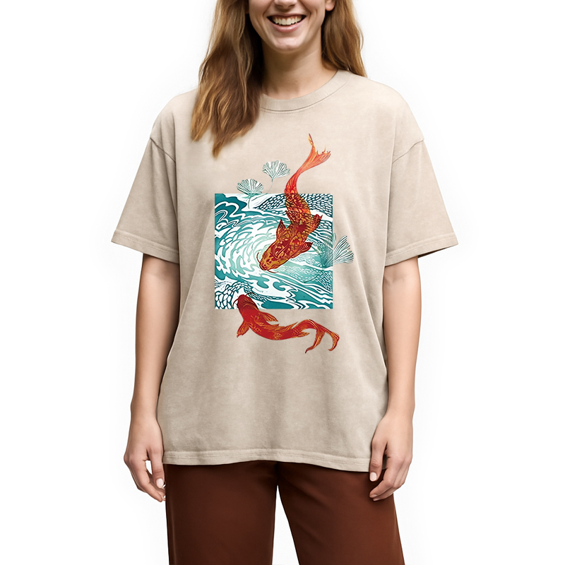 Modecanvas Koi In Wave Patterns DTG Printing Washed T-Shirt