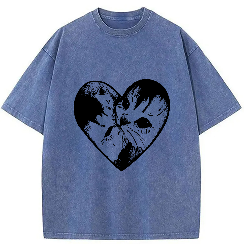 Modecanvas Heart Double Cats Washed T-Shirt