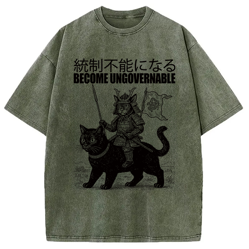 Modecanvas Become Ungovernable Japanese Funny Cat Samurai Riding A Cat DTG Printing Washed T-Shirt-modecanvas