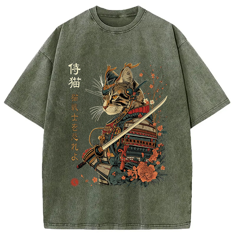 Modecanvas Japanese Samurai Cat DTG Printing Washed T-Shirt-modecanvas