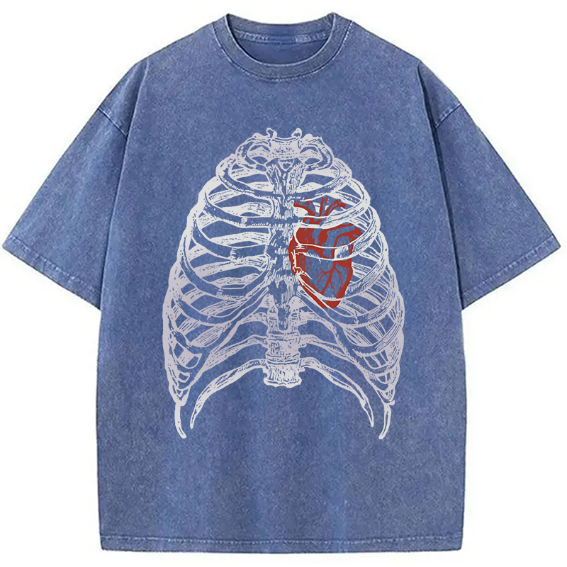 Modecanvas Skeleton Rib Cage Heart DTG Printing Washed T-Shirt-modecanvas