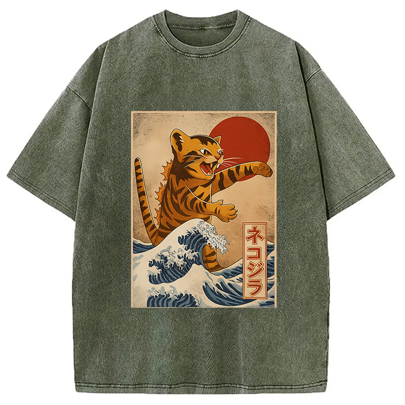 Modecanvas Catzilla Orange Cat Japanese Vintage Washed T-Shirt