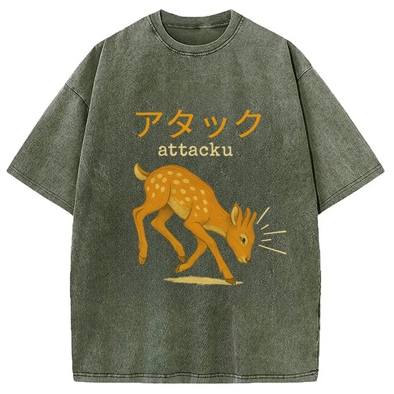 Modecanvas Funny Japanese Deer Washed T-Shirt