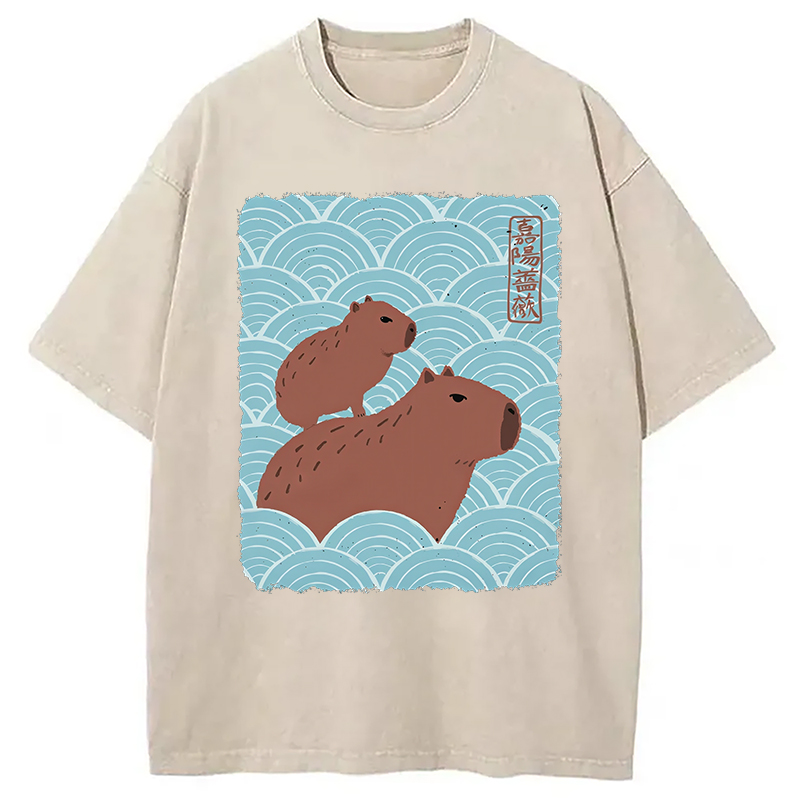 Modecanvas Kawaii Capybara Ukiyo-e Washed T-Shirt