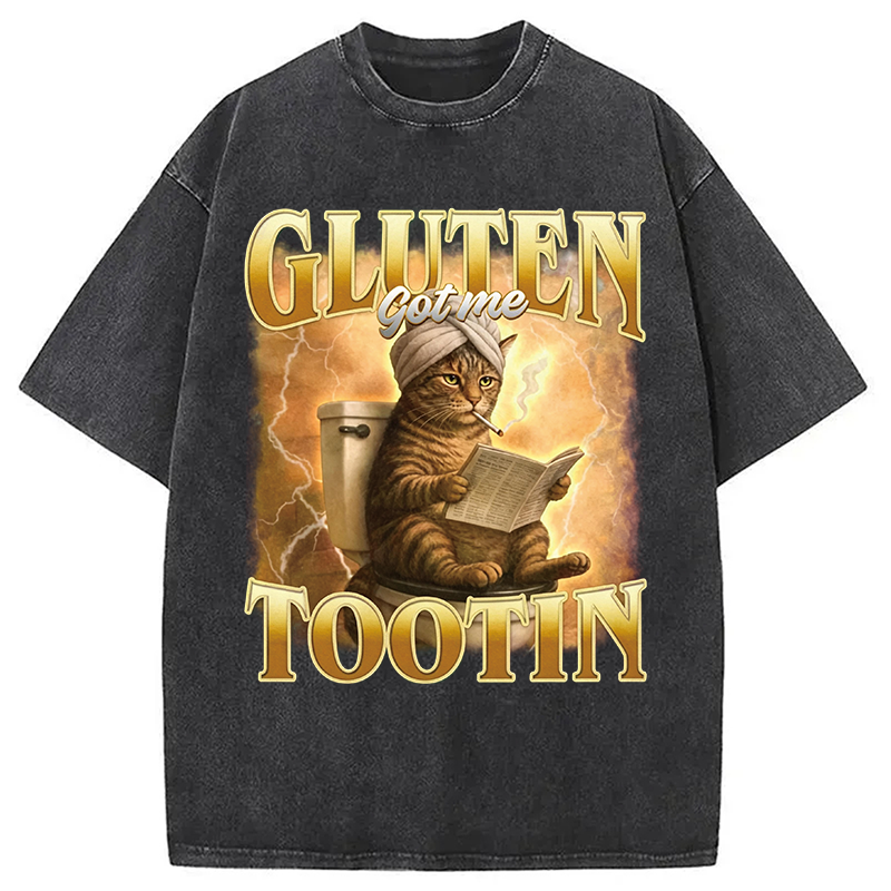 Modecanvas Gluten Got Me Tootin Funny Cat Meme DTG Printing Washed T-Shirt