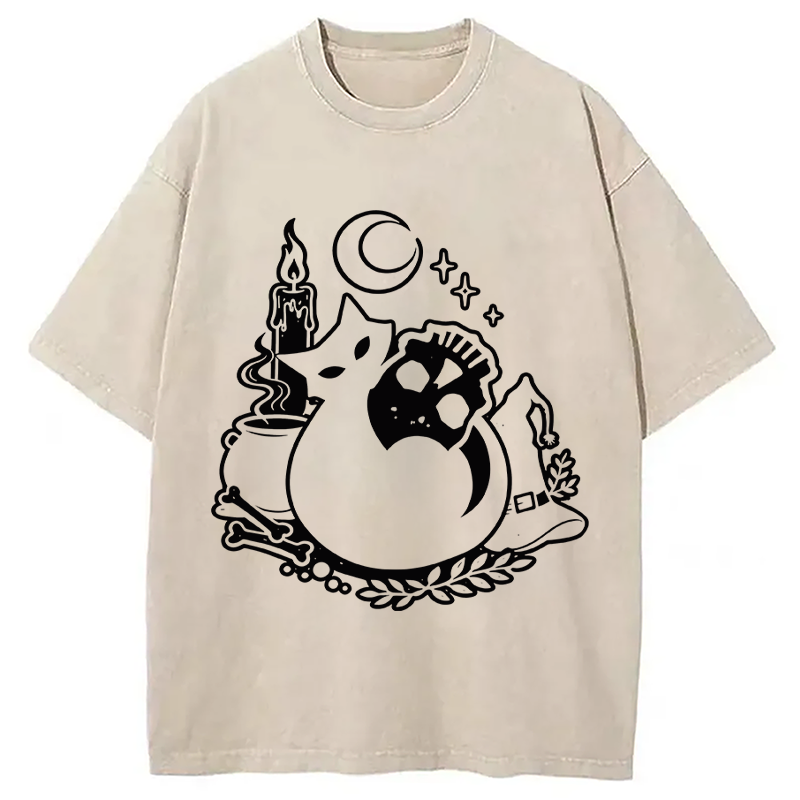 Modecanvas Black Cat Holding Skull DTG Printing Washed T-Shirt