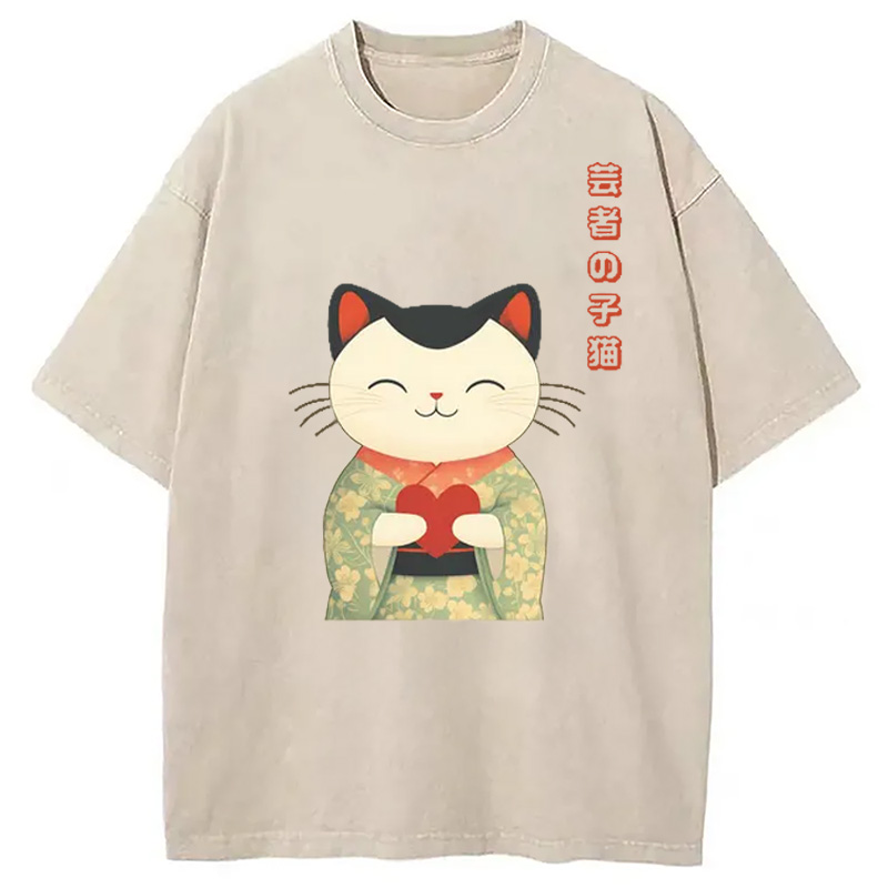 Modecanvas Japanese Maneki Geisha Kitty Washed T-Shirt