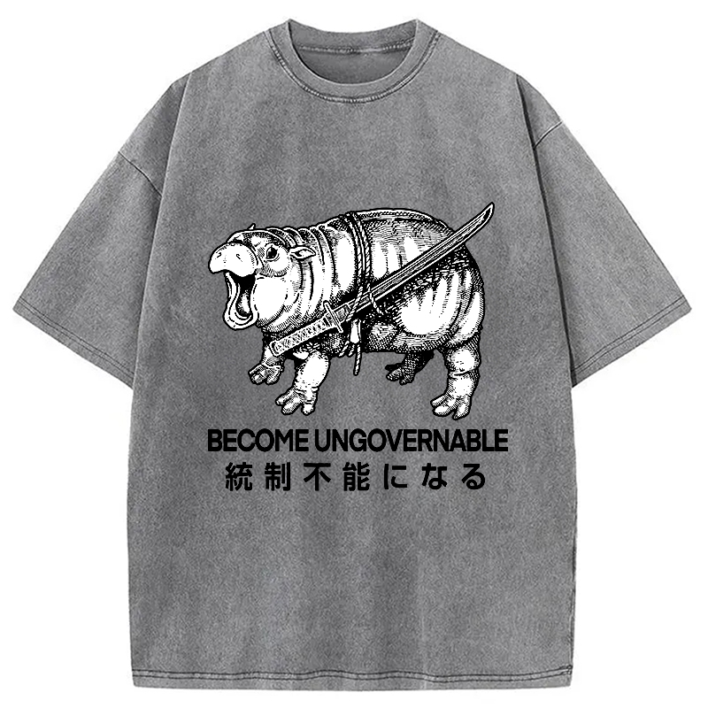 Modecanvas Moo Deng Carrying A Samurai Sword Washed T-Shirt-modecanvas