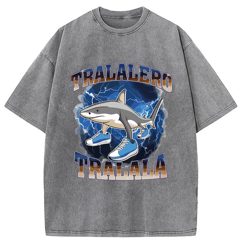 Modecanvas Tralalero Tralala Funny Shark Meme Washed T-Shirt-modecanvas