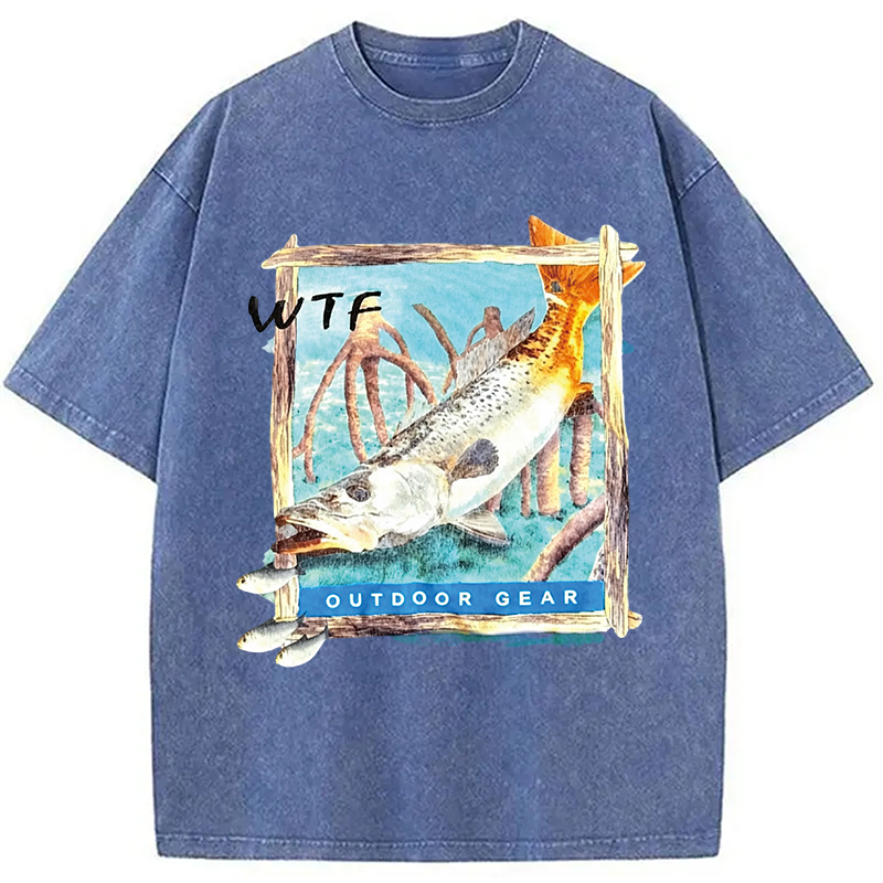 Modecanvas Funny WTF Fishing Fish DTG Printing Washed T-Shirt