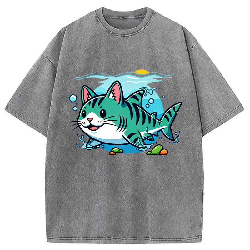 Modecanvas A Cat Shark Washed T-Shirt