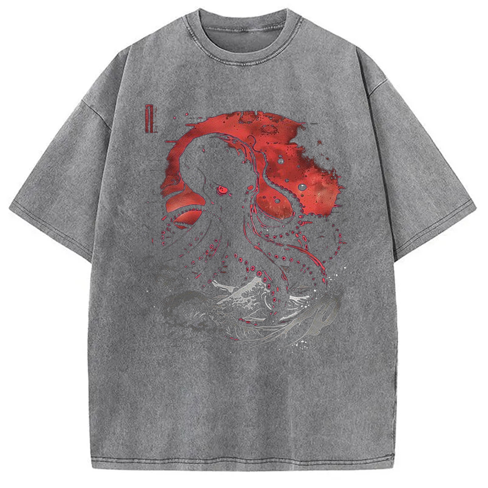 Modecanvas Red Moon Kraken Octopus DTG Printing Washed T-Shirt-modecanvas
