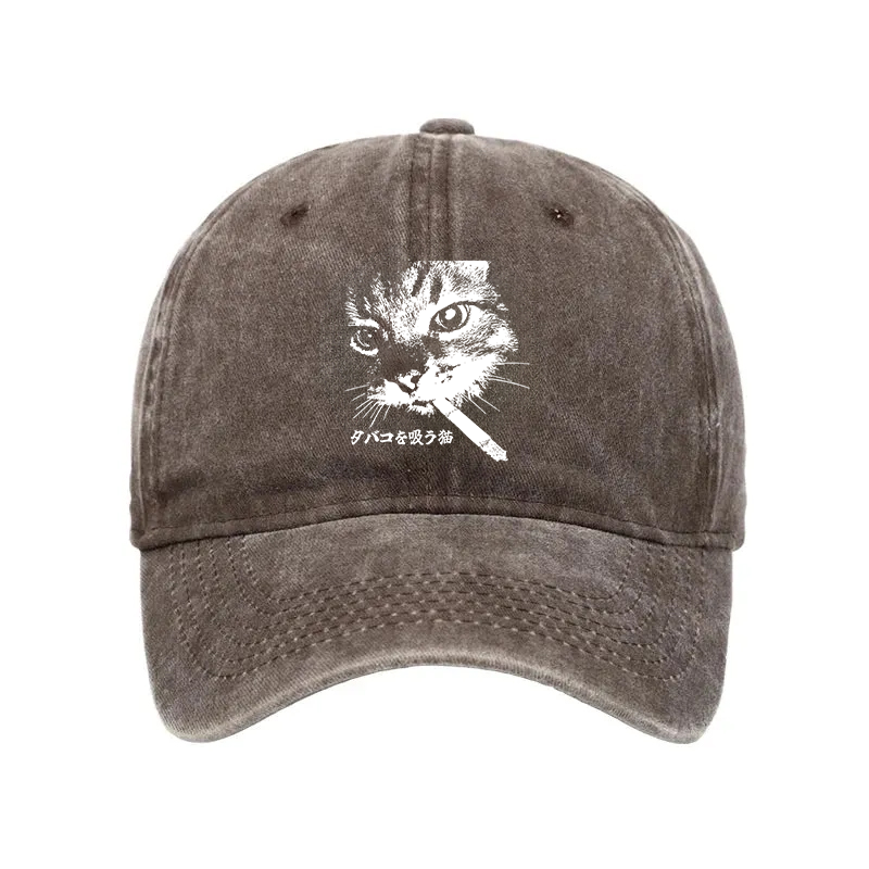 Modecanvas Retro Cat Smoking Washed Cap-modecanvas