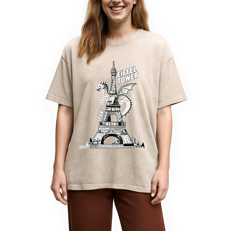 Modecanvas Dragon Eiffel Tower Washed T-Shirt