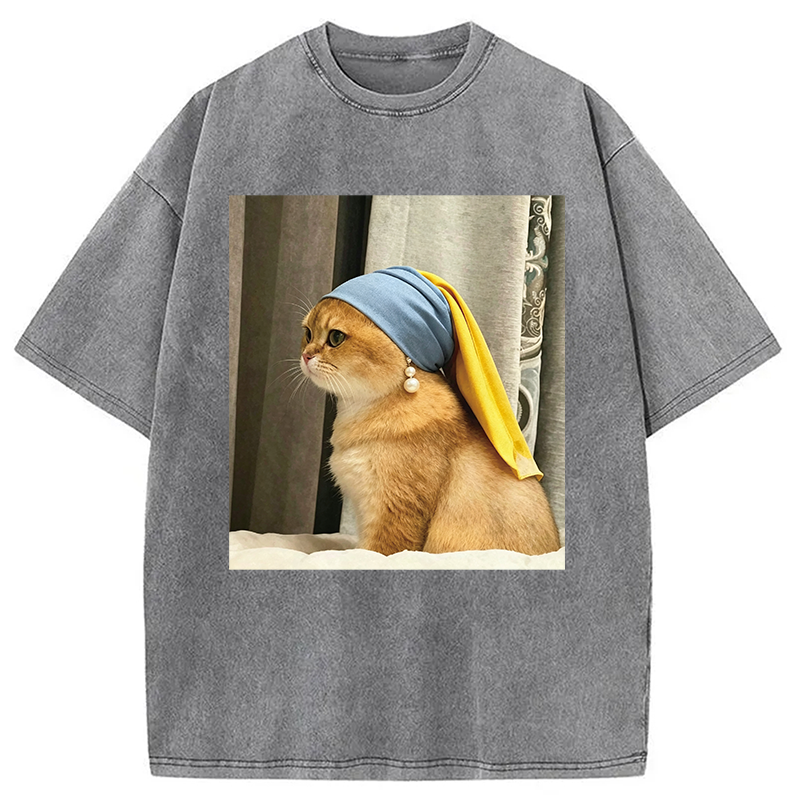 Modecanvas Cat with Pearl Earring Meme DTG Printing Washed T-Shirt